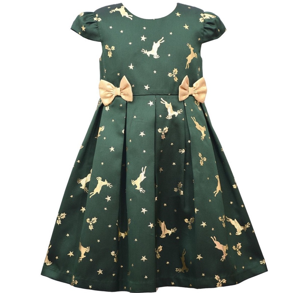 Bonnie Jean Girls Holiday Dress Size 5 Hunter Green Gold Reindeer Christmas Part